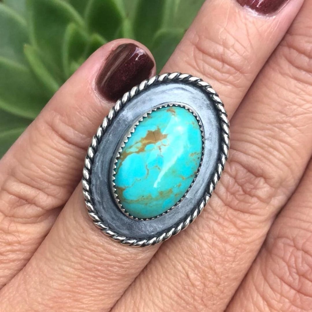6.5 Handmade Kingman Gold Turquoise Sterling Silver Ring, Size 6.5