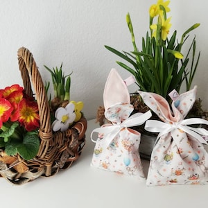 Könnte beinhalten: Zwei kleine Geschenktüten mit Hasenohren, verziert mit einem rosa-weißen Blumenmuster und Comic-Tieren. Die Taschen sind mit weißem Band gebunden und stehen auf einer weißen Oberfläche. Ein Weidenkorb mit einem roten und gelben Blumenarrangement befindet sich im Hintergrund.