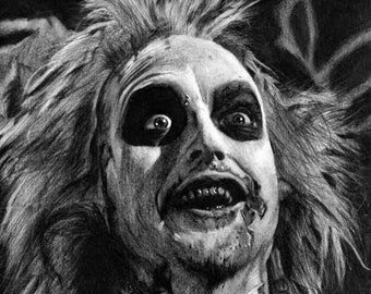 Beetlejuice Handmade Charcoal Illustration Print, Halloween Art, Movie Art