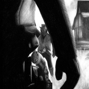 Cowboy Duel Handmade Charcoal Illustration Print, Red Dead Redemption 2 Fan Art, Western Art, Rockstar Games Fan Art