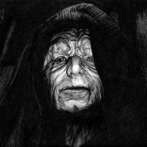 May include: A black and white pencil drawing of a character from Star Wars. The character is wearing a dark hooded robe and has a wrinkled face. The drawing is done in a realistic style.