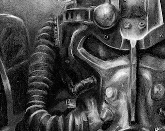 Fallout Power Armor Handmade Charcoal Illustration Print, Bethesda Fan Art, Fallout 4 Fan Art, Video Game Fan Art