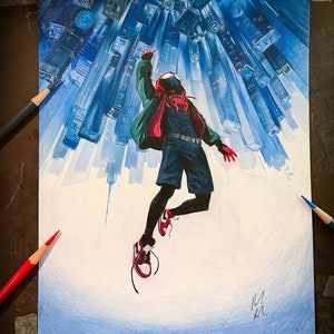 Ilustración de Spider-Man hecha a mano con lápiz de color, arte de fan de Miles Morales, arte de fan de Into the Spider-Verse, arte de fan de Marvel