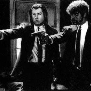 Pulp Fiction Handmade Charcoal Illustration Print, Vince Vega and Jules Winnfield Fan Art, Quentin Tarantino Fan Art, Movie Fan Art