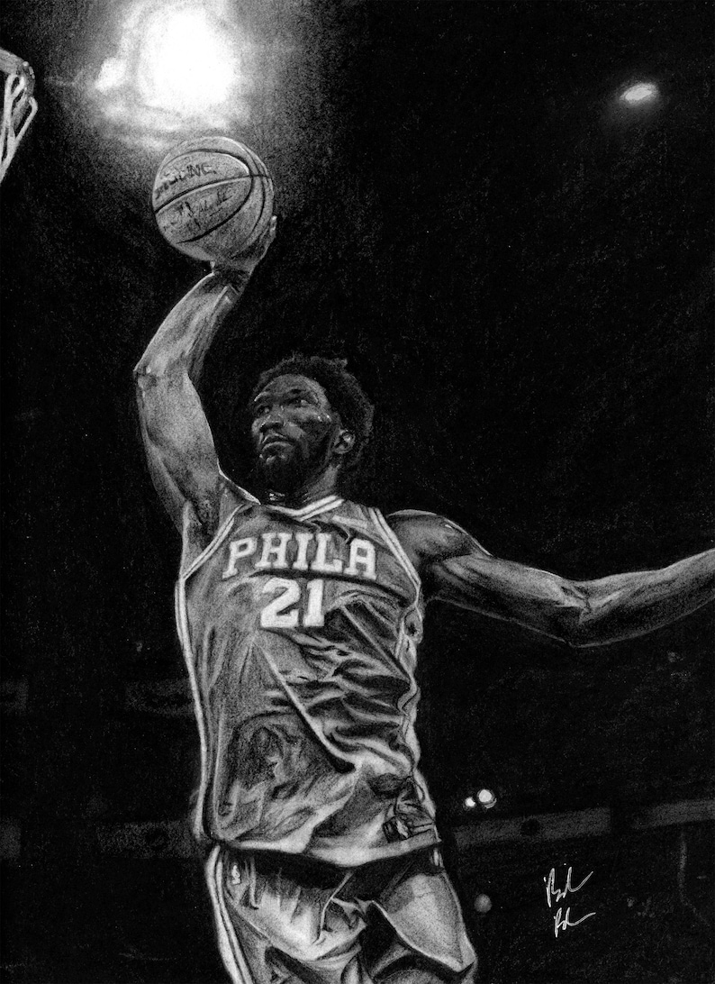 Joel Embiid Handmade Charcoal Illustration Print, Philadelphia S Joel Embiid Handmade Charcoal Illustration Print, Philadelphia S