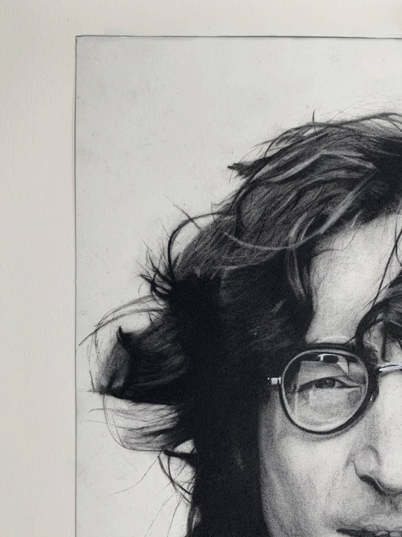 John Lennon Handmade Charcoal Illustration Print, Beatles Fan Art