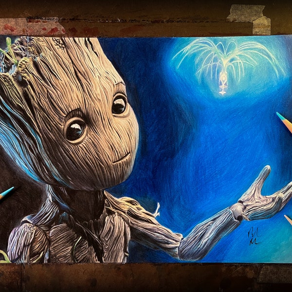 Groot Handmade Colored Pencil Illustration Print, Guardians of the Galaxy Fan Art, Marvel Fan Art, Super Hero Fan Art