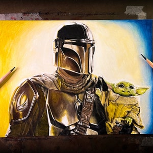 Impresión de ilustración de lápiz de color hecho a mano de Mandalorian y Grogu, Star Wars Fan Art, Disney Fan Art