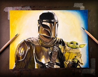 Impresión de ilustración de lápiz de color hecho a mano de Mandalorian y Grogu, Star Wars Fan Art, Disney Fan Art