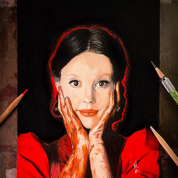 Perle Handgemachte Buntstift Illustration Druck, Mia Goth Fan Art, X Fan Art, Horror Fan Art