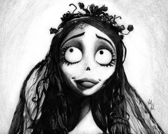 Corpse Bride Emily Handmade Charcoal Illustration Print, Halloween Art, Tim Burton Fan Art