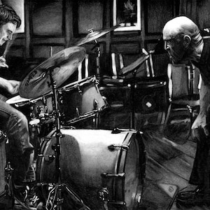 Whiplash Movie Handmade Charcoal Illustration Print, Drummer Art, Drumming Art, Music Art