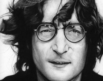 John Lennon Handmade Charcoal Illustration Print, Beatles Fan Art, Music Art