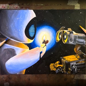 Ilustración de WALL-E y EVE hecha a mano con lápiz de colores, arte de fans de Disney, arte de fans de Pixar, arte de fans de películas