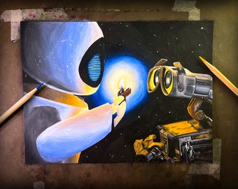 WALL-E and EVE Handmade Colored Pencil Illustration Print, Disney Fan Art, Pixar Fan Art, Movie Fan Art