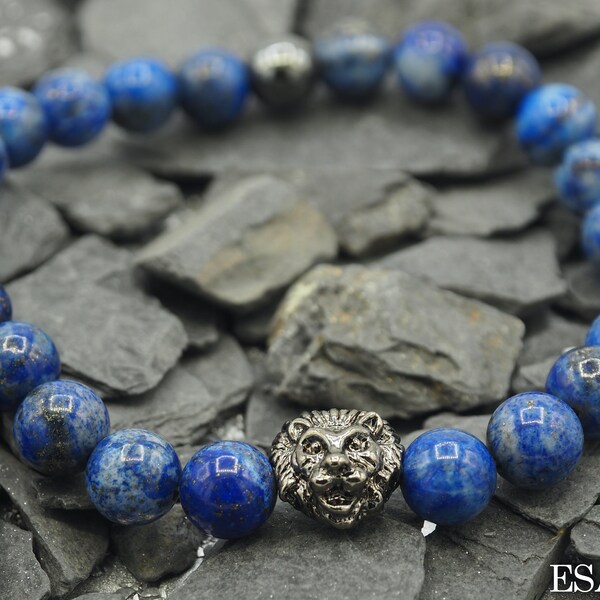 Perlenarmband aus Lapislazuli mit Löwenkopf und Hämatit Perle