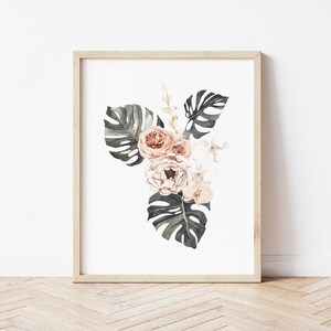 Tropical Flower Print, Monstera Leaf print, Watercolor Greenery, Tropical Leaf Wall Art, Floral Print, Botanical Art, Green Leaf, Orange