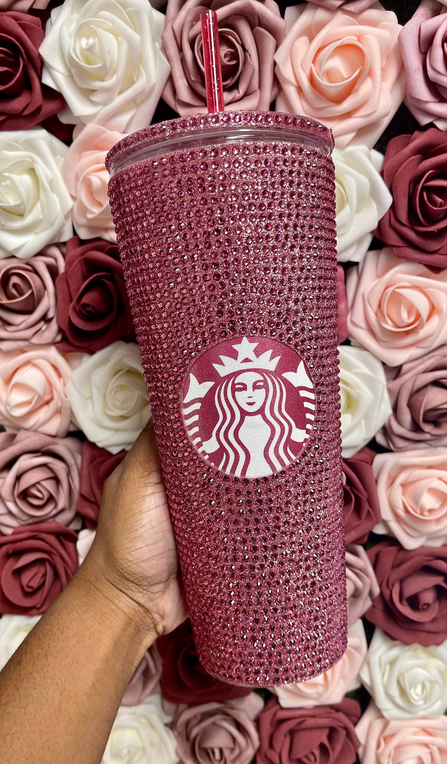 Rose Gold Vinyl With Rose Pink Full Glitter Rhinestone Bling Venti Acrylic Starbucks  Tumbler 24oz 