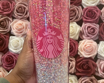 Pink Three Color Ombre Rhinestone Filled Tumbler|Rhinestone Lid| Reverse Rhinestones|Lt.Rose AB|Pink AB|Clear AB