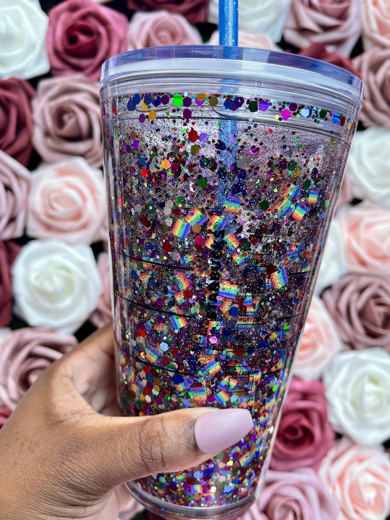 Rainbow Glitter Snow Globe Starbucks Tumbler Floating Glitter Etsy