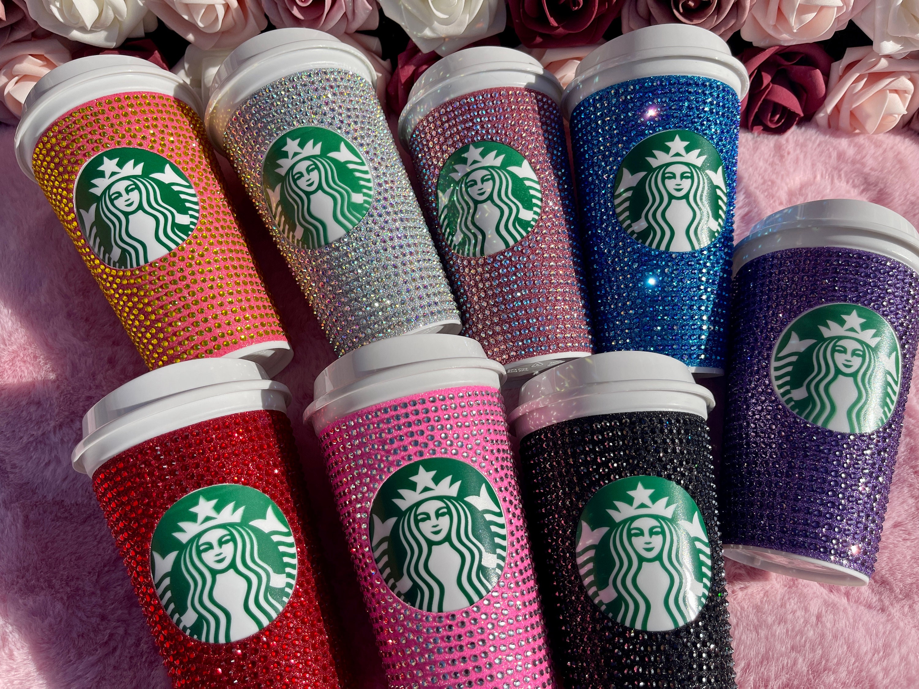 Custom Made Rhinestone Tumbler. Cold Cup. Glitter Cup. Glitter Starbucks Cup.  Venti, Large. Clear Rhinestone. Iridescent 