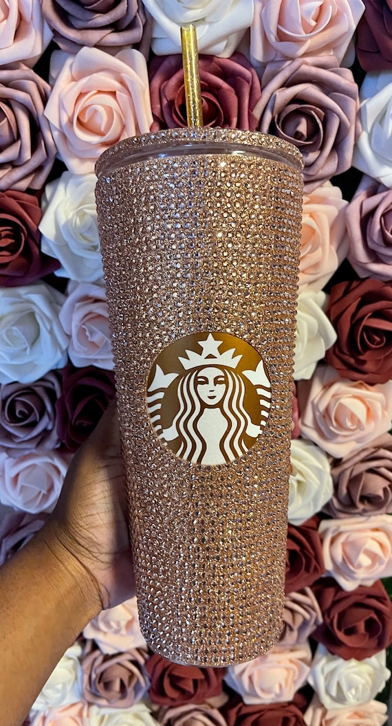 STARBUCKS COLD CUP SODA TUMBLER WITH STRAW BLING RHINESTONES GEMS  PERSONALISED