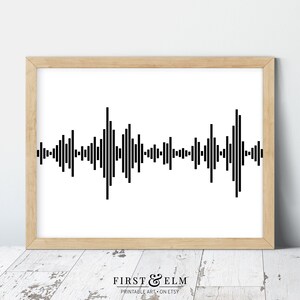 Pu&ograve; includere: Stampa grafica di un'onda sonora astratta in bianco e nero in una cornice di legno chiaro. La stampa &egrave; un design semplice di linee verticali di altezze variabili.
