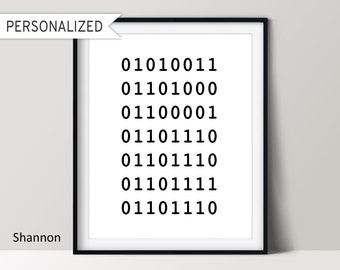 Affiche de code binaire personnalisée avec nom, cadeaux Computer Geek, téléchargement numérique personnalisé