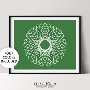 May include: A printable art print featuring a white geometric design on a green background. The design is a circle with multiple overlapping lines creating a radial pattern.