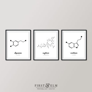 Set of 3 Molecule Prints, Oxytocin, Serotonin, Dopamine, Happiness and Love Hormones, Printable Science Art