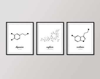 Set of 3 Molecule Prints, Oxytocin, Serotonin, Dopamine, Happiness and Love Hormones, Printable Science Art