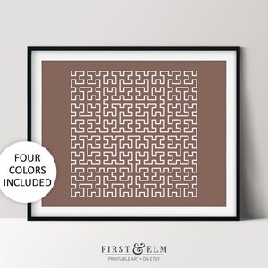 May include: A printable art print featuring a geometric pattern of white squares and rectangles on a brown background. The print is available in four colors.