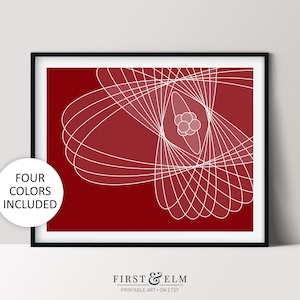 Könnte beinhalten: Abstrakter geometrischer Kunstdruck mit weißen Linien auf rotem Hintergrund. Das Design zeigt eine Reihe sich überlappender Kreise und Ellipsen, die ein dynamisches und visuell interessantes Muster erzeugen.