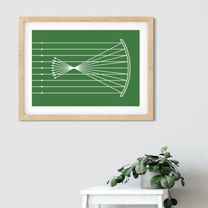 May include: A framed print featuring a white diagram on a green background. The diagram depicts parallel lines converging towards a focal point, then diverging. The frame is made of light-colored wood. The print is displayed on a white table with a potted plant.