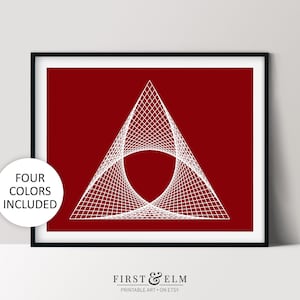 Könnte beinhalten: Ein weißes geometrisches Design eines Dreiecks mit einer geschwungenen Linie im Inneren, auf rotem Hintergrund.