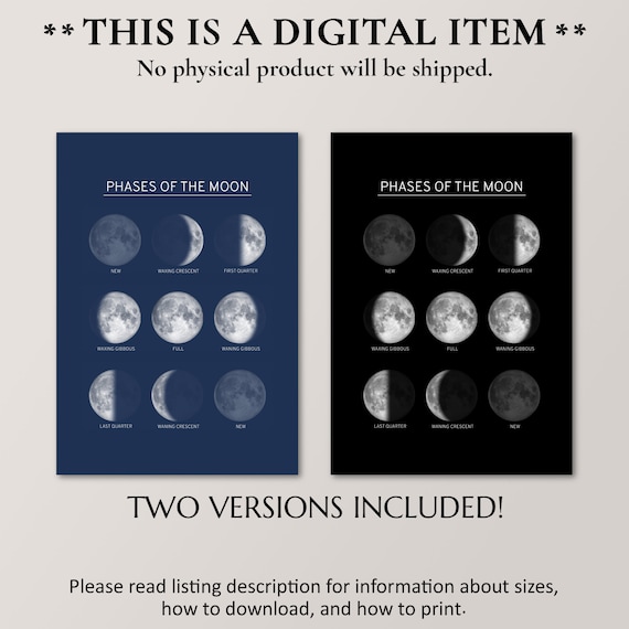 Phases of the Moon Astronomy Art Print, Printable Outer Space