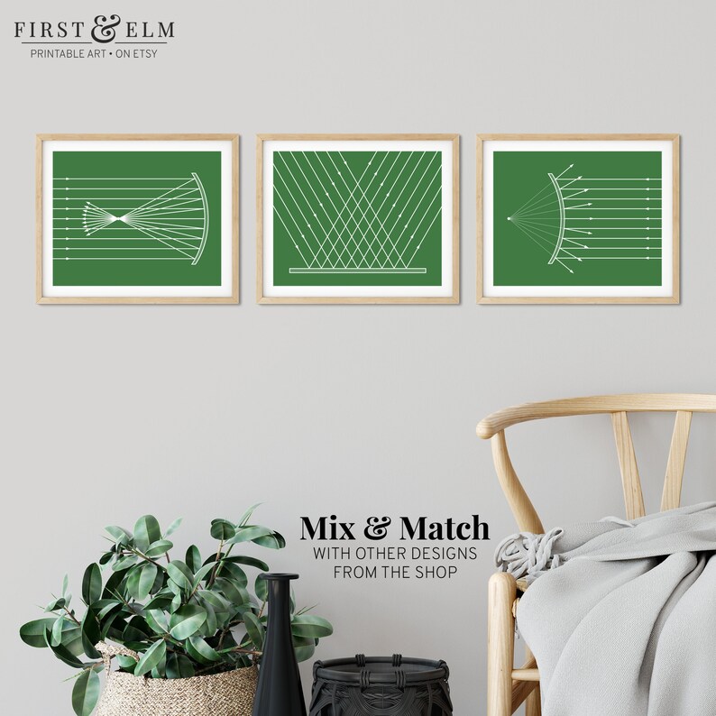 May include: Three framed prints with green backgrounds and white geometric designs. The prints are displayed on a gray wall. The text "FIRST & ELM PRINTABLE ART ON ETSY" is at the top. The text "Mix & Match WITH OTHER DESIGNS FROM THE SHOP" is at the bottom.