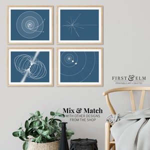 May include: Four framed prints with a blue background and white line drawings of celestial objects. The prints are arranged in a grid pattern on a light grey wall. The text "Mix & Match" is below the prints, along with the text "WITH OTHER DESIGNS FROM THE SHOP". The text "FIRST & ELM" is in the lower right corner of the image, along with the text "PRINTABLE ART ON ETSY".
