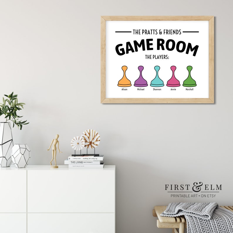 May include: A printable wall art design for a games room. The design features the text "The Pratts & Friends Game Room" with the names of the players listed below: Alison, Michael, Shannon, Annie, and Marshall. Each name is paired with a colourful game piece icon.
