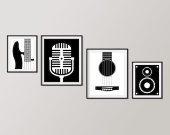 Music Room Wall Art, Set of 4 Prints, Musician Gift Ideas, Black and White, Digital Download Art