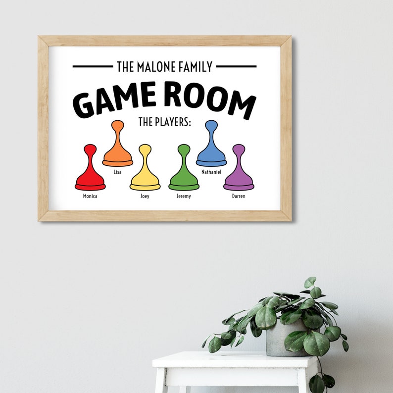 May include: A framed print with the text "The Malone Family Game Room The Players:" and six colourful game pieces with names below each piece: Monica, Lisa, Joey, Jeremy, Nathaniel, and Darren.