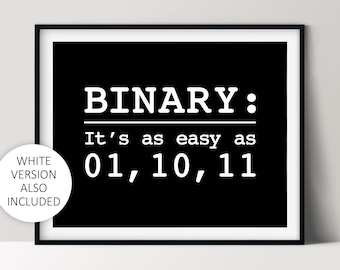 Binary: It’s as Easy as 01 10 11, Binary Code Print, Programmer Humor, Instant Download