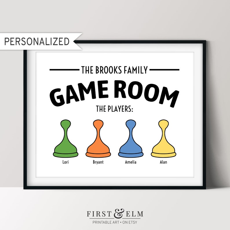 May include: A printable wall art design for a games room. The design features the text "The Brooks Family Game Room" with four game pieces representing the players: Lori, Bryant, Amelia, and Alan.