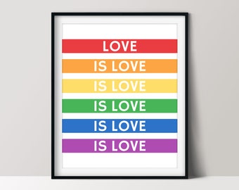 Love is Love Poster, Rainbow Pride Flag Art, LGBT Couple Gifts, Printable Download