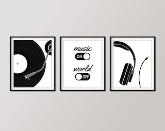 Set of 3 Music Lover Prints, Music On World Off, Minimalist Record Player and Headphones, Printable Home Decor