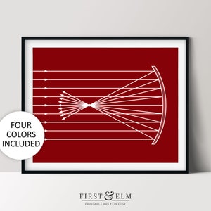 May include: A framed print with a red background and white geometric design. The design features parallel lines converging towards a focal point, with a curved shape on the right. The text "FOUR COLORS INCLUDED" is in a white circle.