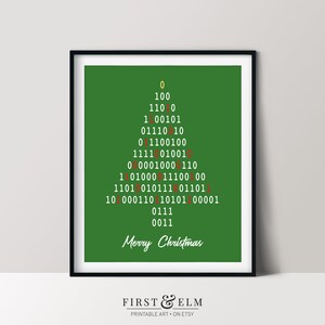 Peut inclure: Une impression d'art murale encadrée présentant un fond vert avec une forme de sapin de Noël composée de chiffres binaires blancs et rouges. Le texte Merry Christmas est écrit en écriture blanche en bas de l'impression rectangulaire.