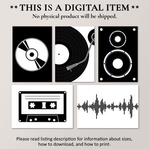 Pu&ograve; includere: Set di quattro stampe digitali in bianco e nero con illustrazioni a tema musicale: un nastro per cassette, un giradischi, un altoparlante e un'onda sonora.  **QUESTO &Egrave; UN ARTICOLO DIGITALE** Nessun prodotto fisico verr&agrave; spedito. Leggi la descrizione dell'annuncio per informazioni su dimensioni, download e stampa.