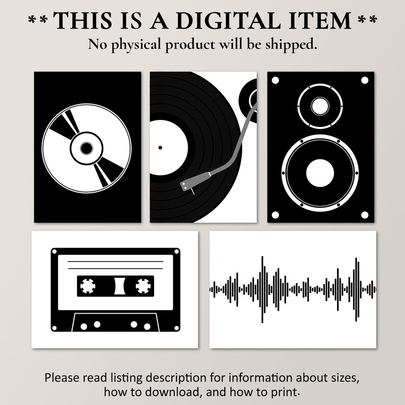 Pu&ograve; includere: Set di quattro stampe digitali in bianco e nero con illustrazioni a tema musicale: un nastro per cassette, un giradischi, un altoparlante e un'onda sonora.  **QUESTO &Egrave; UN ARTICOLO DIGITALE** Nessun prodotto fisico verr&agrave; spedito. Leggi la descrizione dell'annuncio per informazioni su dimensioni, download e stampa.