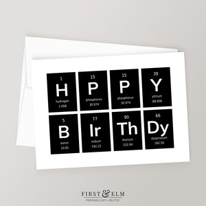 Cartão de feliz aniversário para impressão, tabela periódica de elementos, presente exclusivo para professor de ciências, cartões para nerds de química
